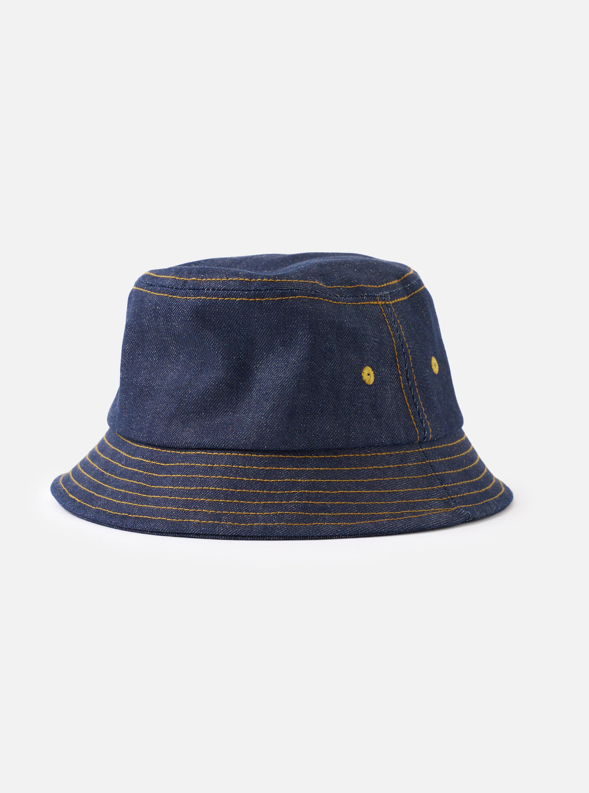 A full front view of the Indigo 13oz Selvedge Denim Lewis Hat displayed on a plain white background. The studio shot highlights the classic bucket hat shape, short brim, side eyelets, and dark indigo blue cotton denim fabric.