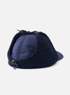 A detailed view showing the interior and ear flaps of the Navy Brushed WR Nation Winter Baseball Hat set against a plain white studio background, highlighting the cozy fleece lining and dark navy fabric construction.