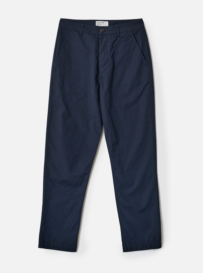 Front view shot of the Navy Micro Canvas Military Chino displayed against a clean studio background. The image highlights the straight leg cut, classic waist construction, side entry pockets, and deep navy blue micro-canvas cotton fabric.
