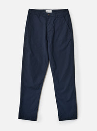 Front view shot of the Navy Micro Canvas Military Chino displayed against a clean studio background. The image highlights the straight leg cut, classic waist construction, side entry pockets, and deep navy blue micro-canvas cotton fabric.