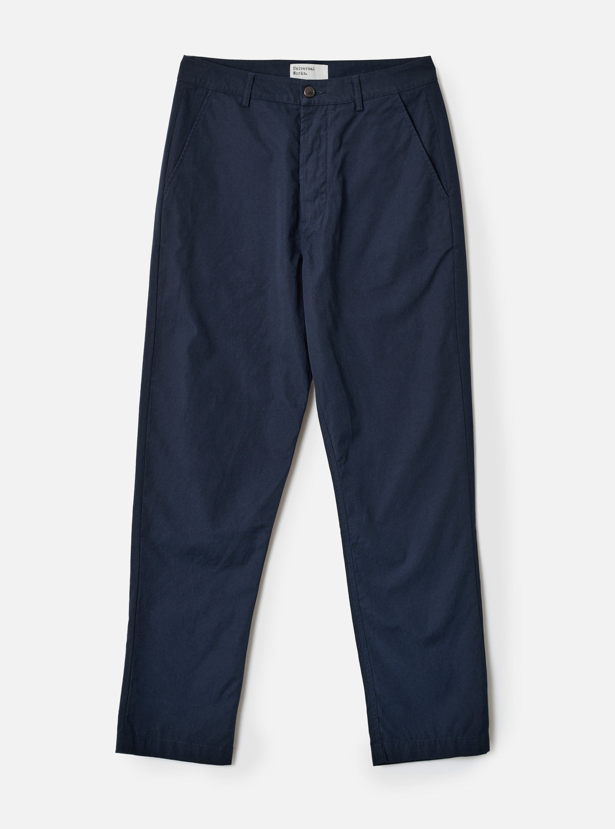 Front view shot of the Navy Micro Canvas Military Chino displayed against a clean studio background. The image highlights the straight leg cut, classic waist construction, side entry pockets, and deep navy blue micro-canvas cotton fabric.