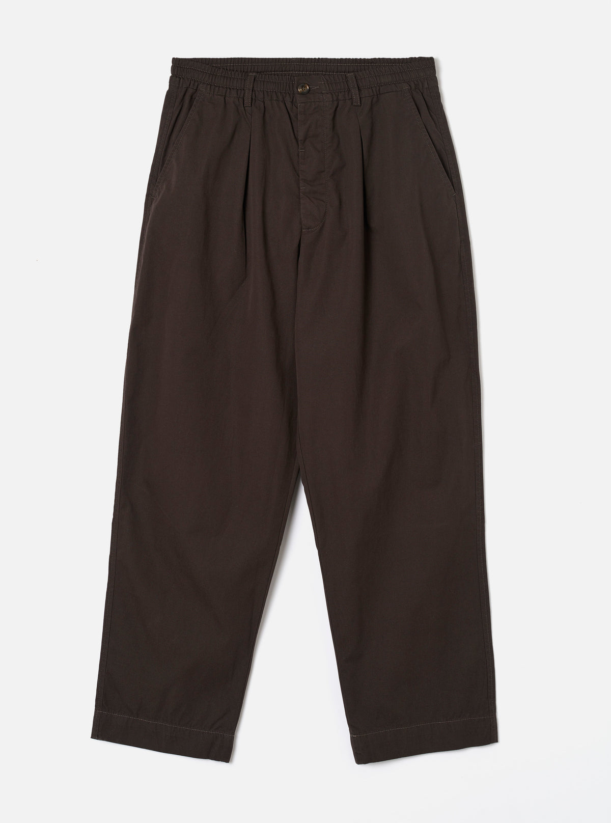 Front view image of the Brown Micro Canvas Oxford Pant on a neutral studio background. The shot highlights the relaxed wide-leg fit, front pleats, drawstring waist construction, and rich brown micro-canvas cotton fabric.