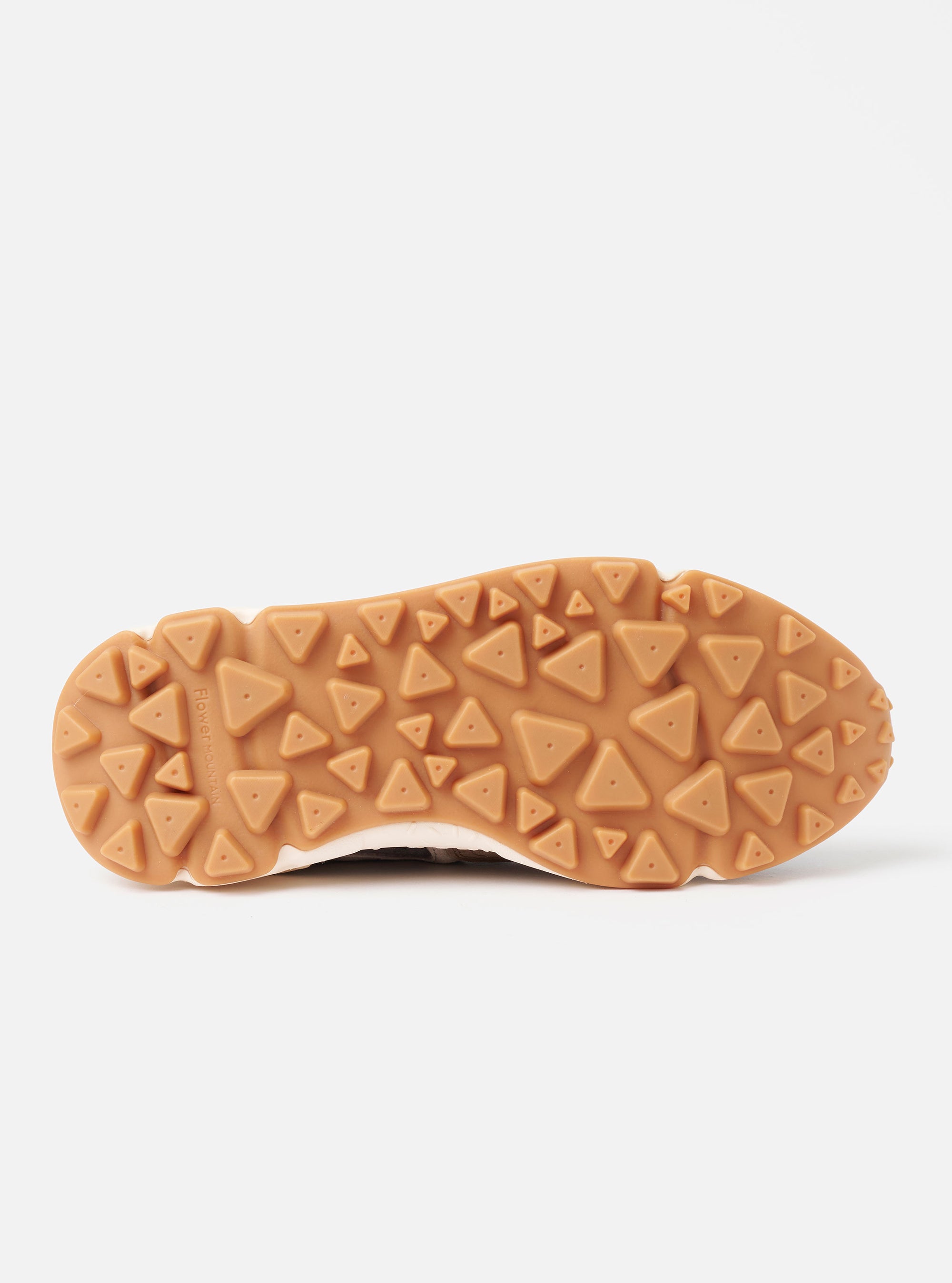 The Flower Mountain Dark Grey/Brown Suede/Nylon Yamano 3 Man is shown from a rear angle as a flat lay against a plain white background. The image highlights the notched gum rubber sole, the dark grey technical mesh upper, and the brown suede overlays. A prominent webbing pull tab is visible at the heel.