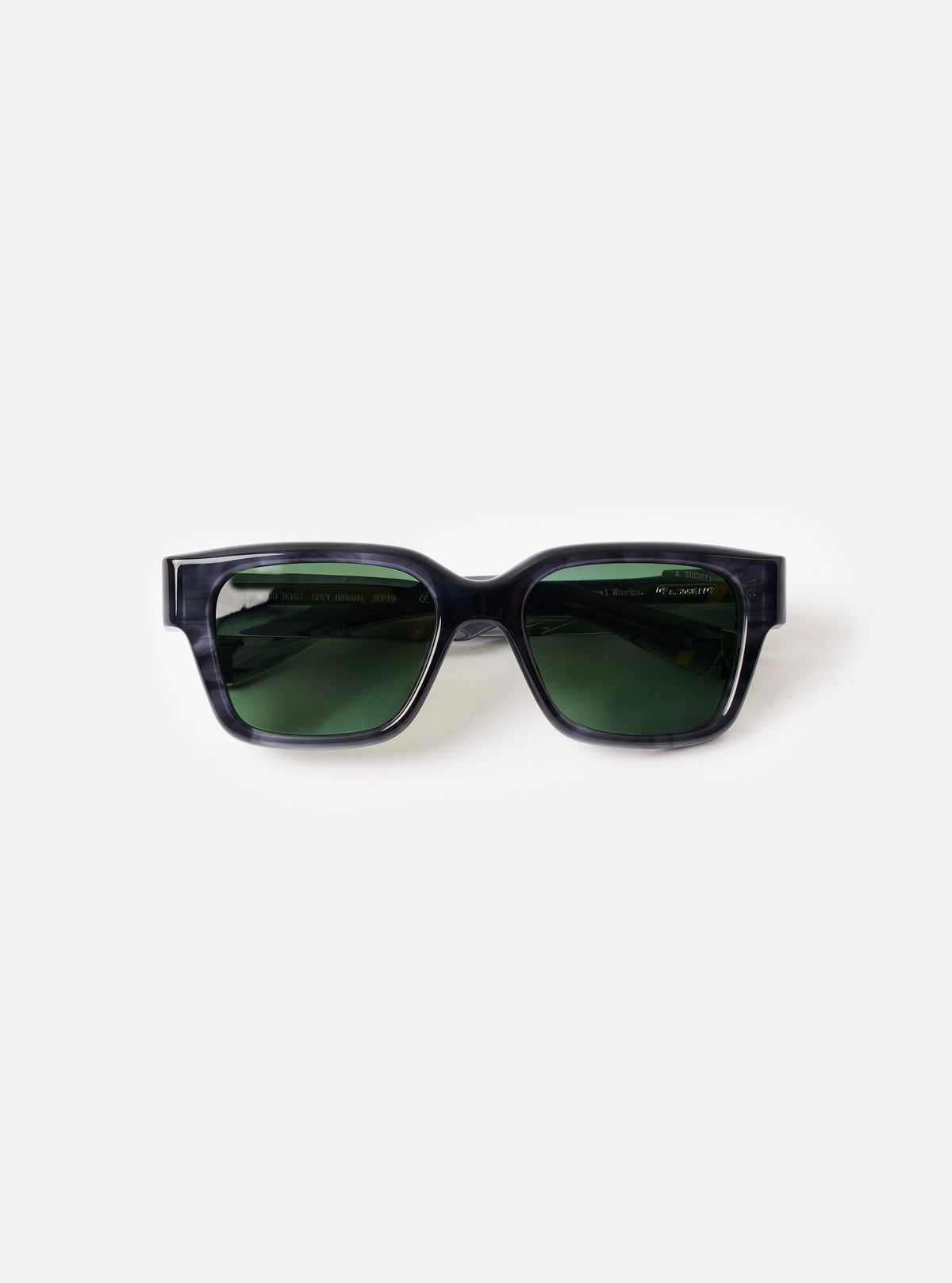 Front view product photograph of the A. SOCIETY x Universal Works Grey Havana Hollywood Sunglasses against a white studio background, showcasing the grey patterned frame and dark lenses.