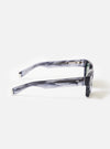 Three-quarter angle shot of the A. SOCIETY x Universal Works Grey Havana Hollywood Sunglasses on a white backdrop, highlighting the bridge shape, lens shape, and grey mottled tortoiseshell finish.