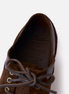 The Paraboot x Universal Works Thiers/Jannu in Café Leather/Suede is shown as a flat lay against a white background. The shoe features a deep brown leather and suede upper with piped seams, four eyelet laces, and a chunky natural rubber sole. A removable kiltie-style fringe covers the laces.
