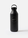 Detailed close-up image of the Chilly's x Universal Works Onyx Series 3 500ml Water Bottle against a solid white background, emphasizing the printed Universal Works logo on the matte body.