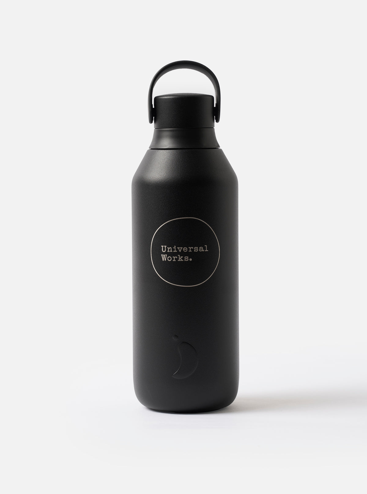 Detailed close-up image of the Chilly's x Universal Works Onyx Series 3 500ml Water Bottle against a solid white background, emphasizing the printed Universal Works logo on the matte body.
