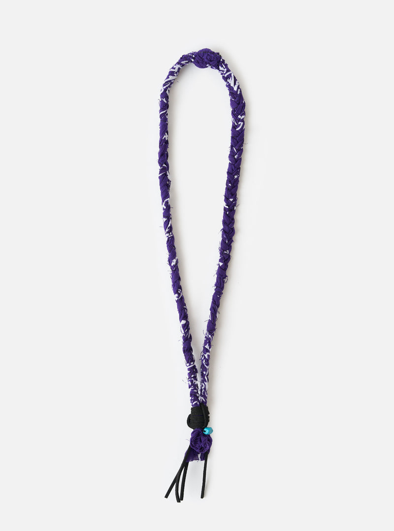 Hanami of Rome Purple/Black Leather/Turquoise Bead Bandana Necklace No.54 on a white background. The necklace features a purple and white braided band with black leather and a turquoise bead.