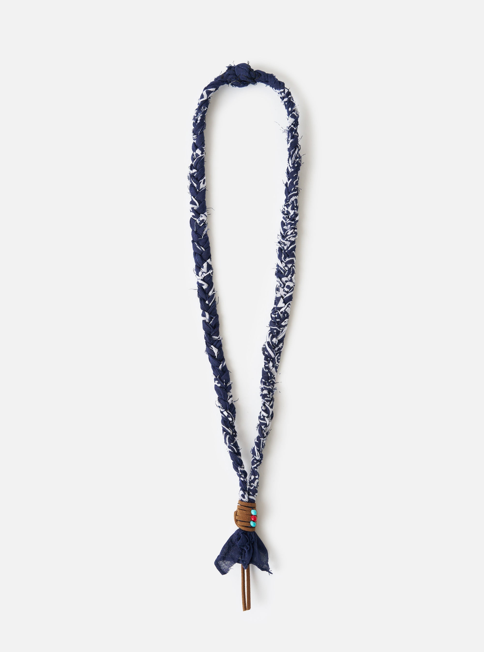 Hanami of Rome Blue/Brown Leather/Turquoise-Red Bead Bandana Necklace No.56 on a white background. The necklace features a blue and white braided bandana with leather and bead accents.