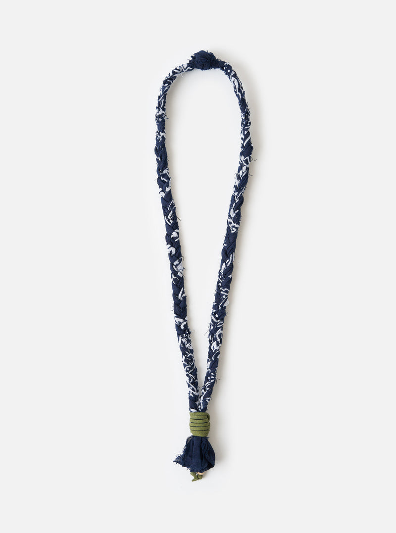 Hanami of Rome Blue/Military Green Leather Bandana Necklace No.57 on a white background. The necklace is made of blue and white braided fabric with a military green leather accent.