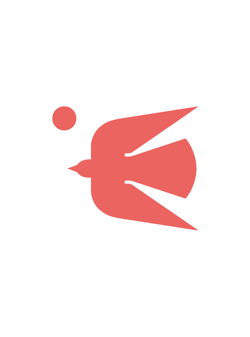 A coral bird flies on a white background, representing the "Waste-less experience."