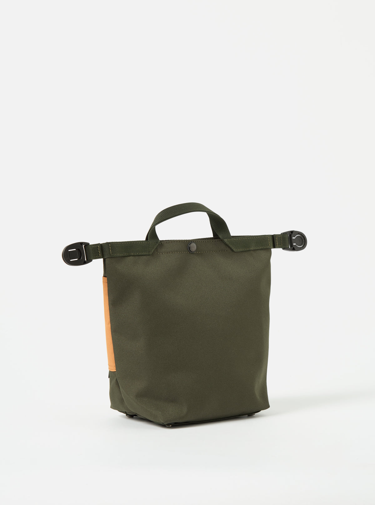 master-piece x Universal Works Olive Recycled Tech Canvas Small Tote Bag on a white background. The bag is olive green with a tan accent and black clasps.
