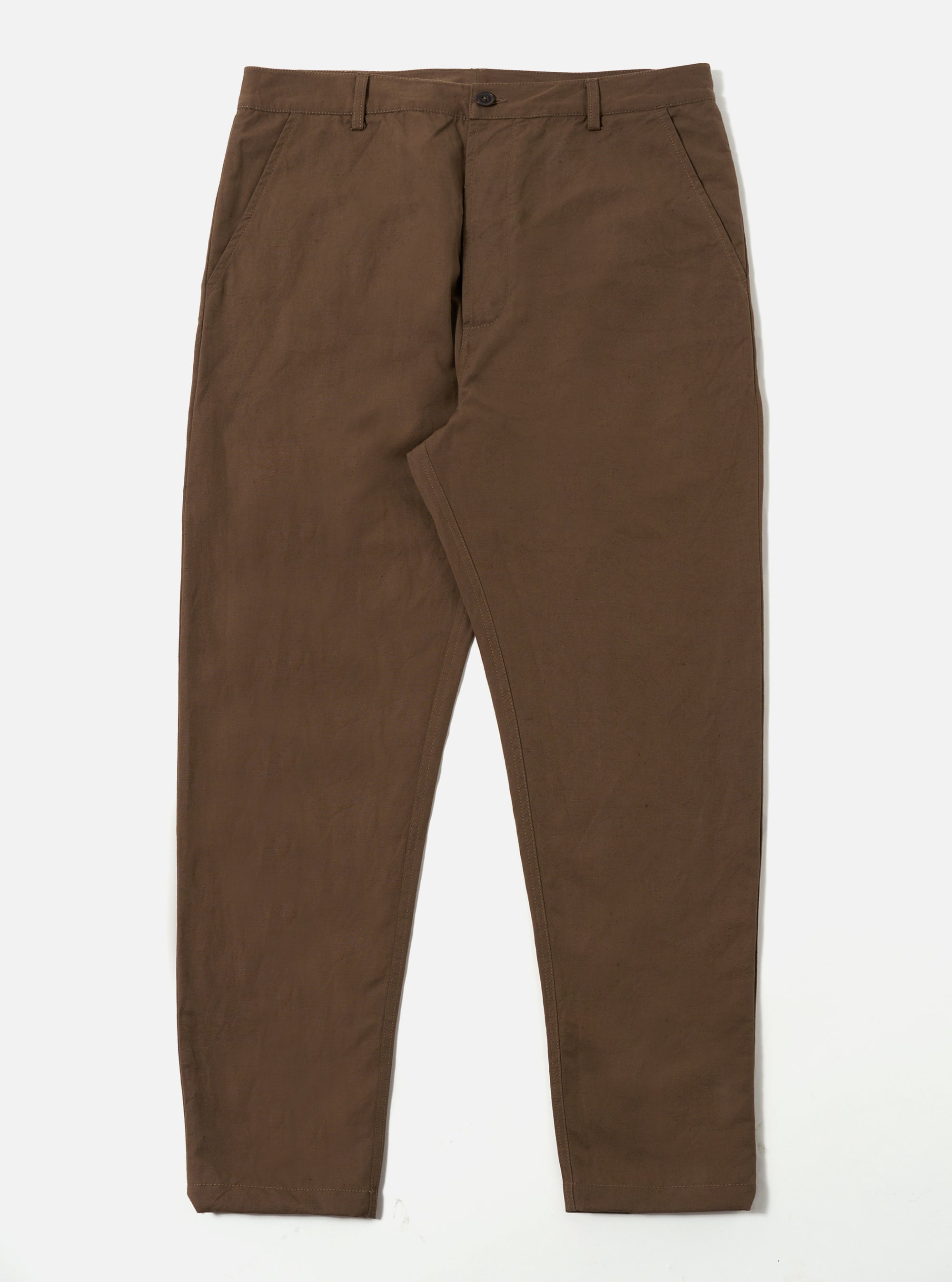 Studio shot of Khaki Linen Slub Weave Military Chino pants in brown on a white background. The pants are neatly arranged, showcasing their fit and material.
