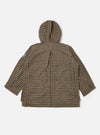 Back view of the Sand Cortina Tweed Boston Parka on a white background. The tweed is a brown and black houndstooth pattern. The parka has a hood and short sleeves.