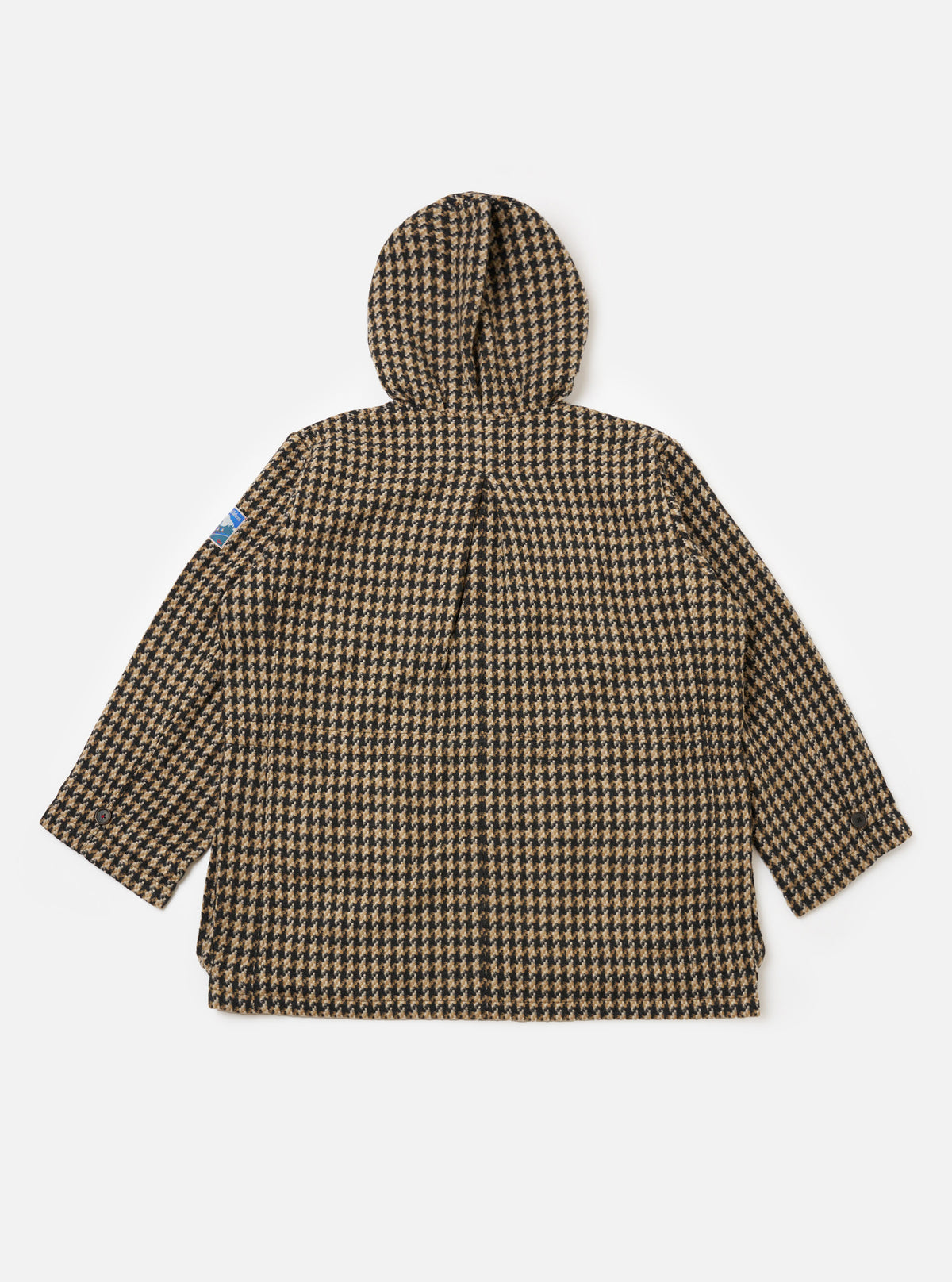 Back view of the Sand Cortina Tweed Boston Parka on a white background. The tweed is a brown and black houndstooth pattern. The parka has a hood and short sleeves.