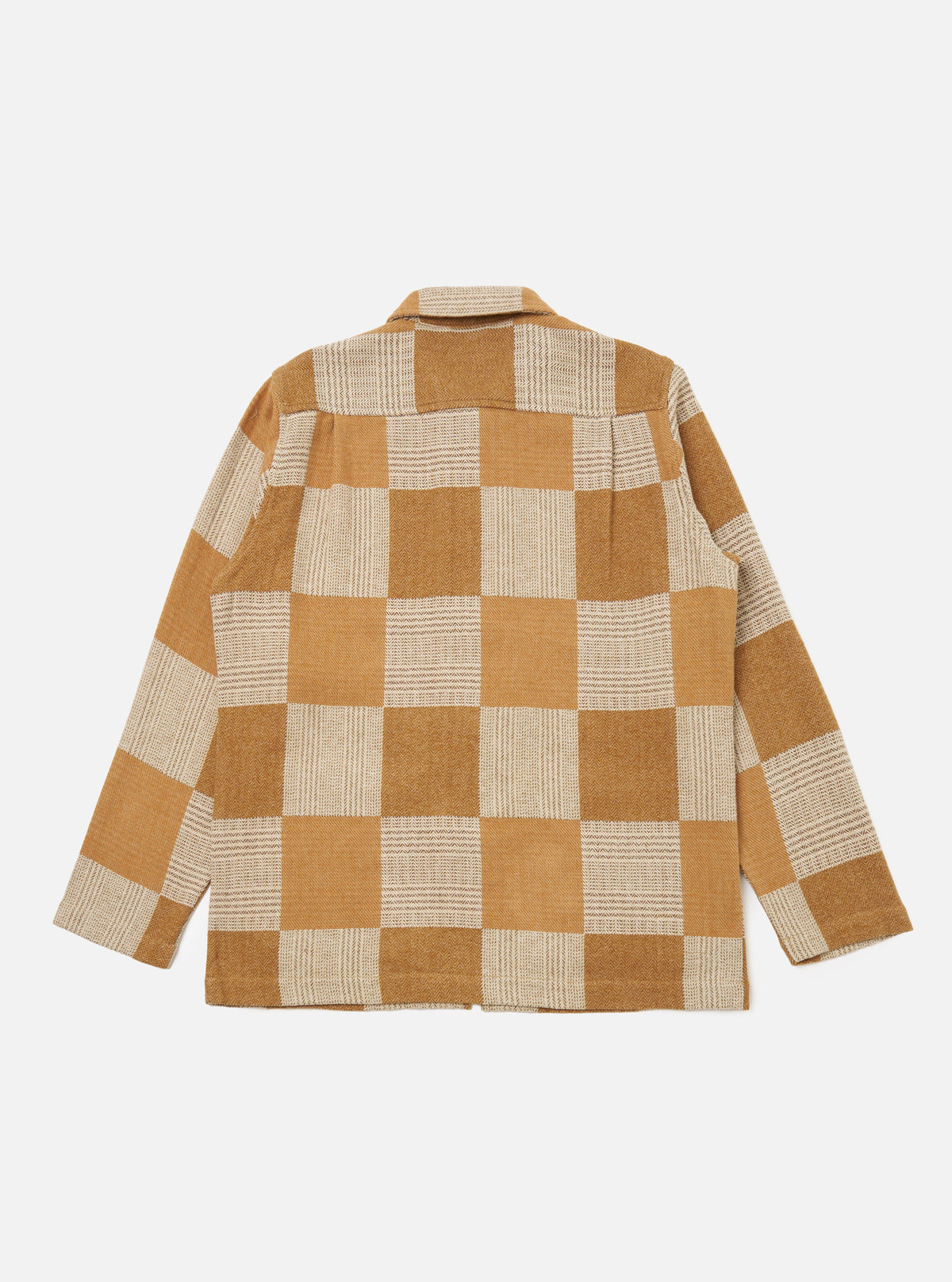 Back view of the Sand Japanese Patchwork Easy Jacket on a white background. The jacket features a tan and beige checkerboard pattern.