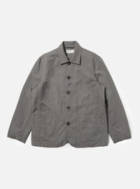 The Mid Grey Linen Slub Weave Bakers Jacket is shown laid flat against a plain white background. The garment features a five-button front, a classic pointed collar, and four front patch pockets including one with a buttoned flap. The mid-grey fabric displays a distinct slubbed texture.