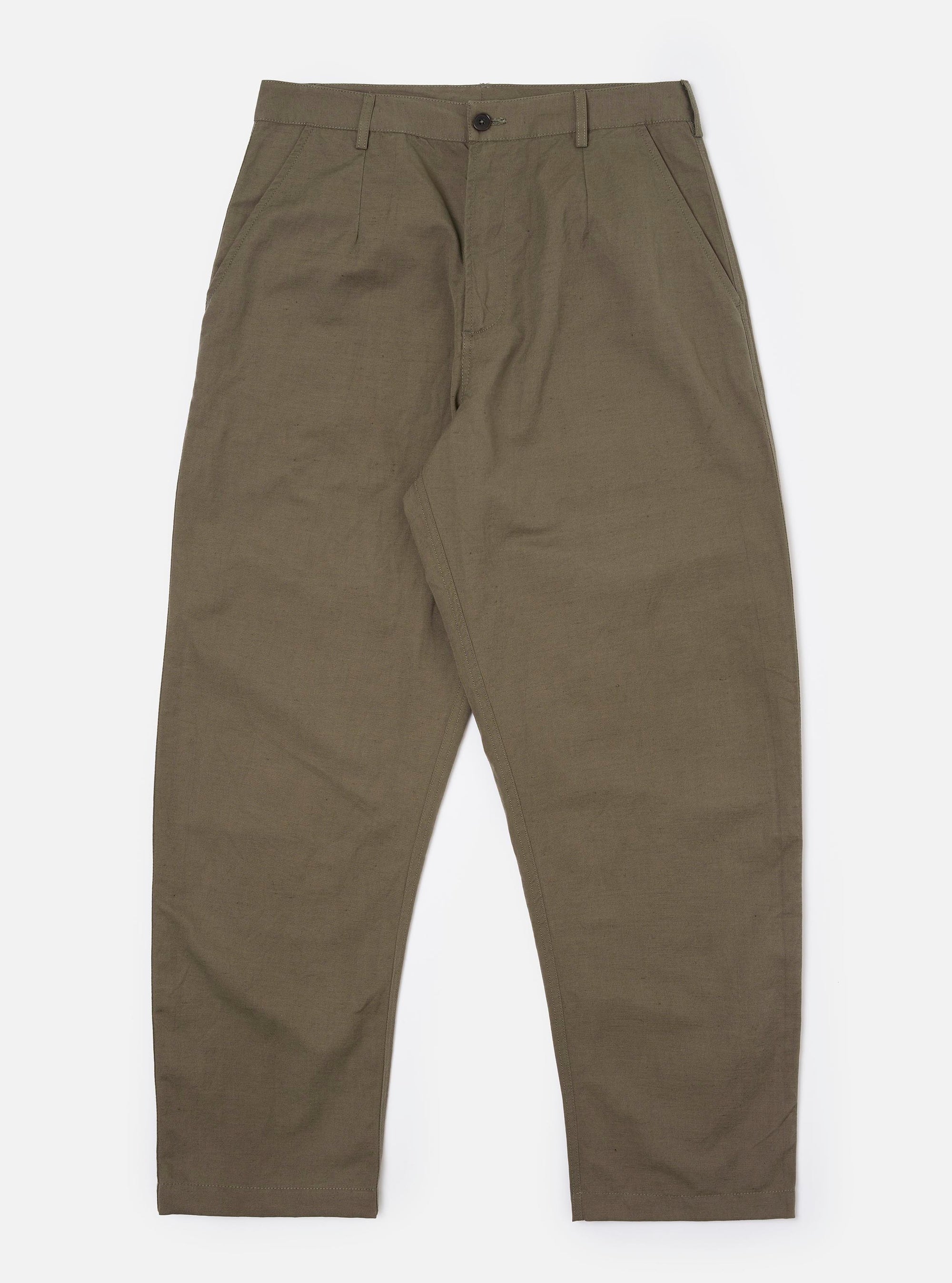 A pair of Olive Linen Slub Weave Dizzy Trousers is shown laid flat against a plain white background. The trousers feature a wide, loose leg, a button fly, and a waistband with belt loops. The olive green fabric has a distinct slubbed texture.