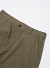 The Olive Linen Slub Weave Dizzy Trouser is shown from a rear perspective, laid flat against a solid white background. The image highlights the two rear buttoned flap pockets, the fixed waistband, and the textured olive green slub weave fabric.