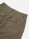 A close-up detail view of the Olive Linen Slub Weave Dizzy Trouser is displayed as a flat lay against a plain white background. The image highlights the textured slub weave of the olive green fabric, focusing on the waistband and the construction of the front pockets.