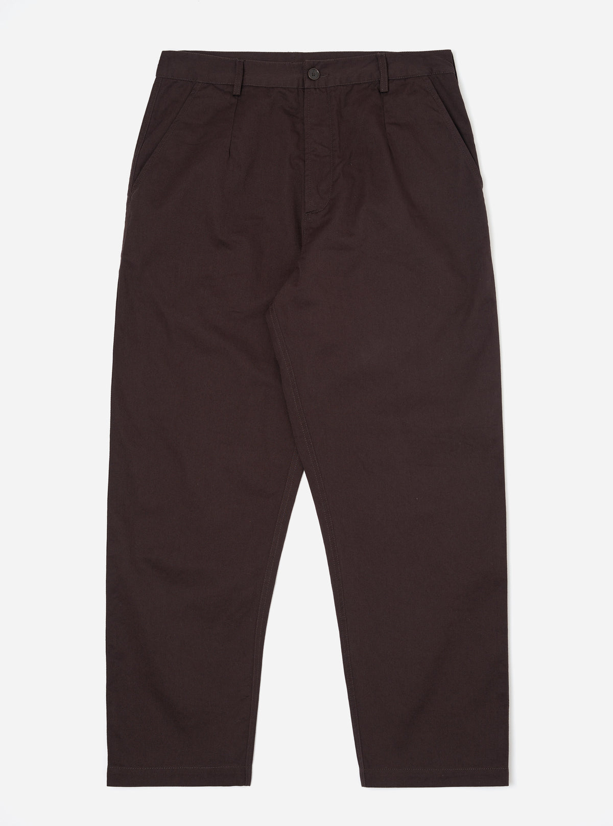 A pair of Brown Twill Dizzy Trousers is shown laid flat against a solid white background. The trousers feature a loose, wide-leg fit with a buttoned waistband and side slip pockets.