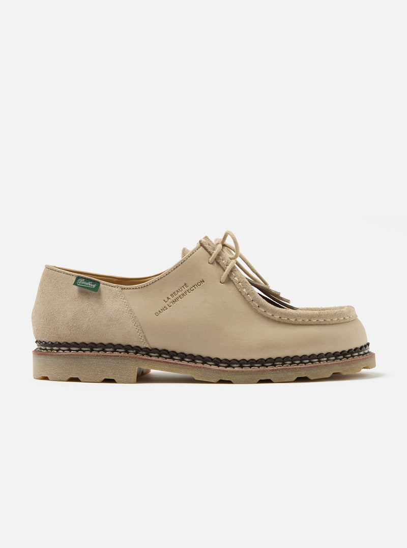 Side view of Paraboot x Universal Works Michael in Sand Leather/Suede on a white background. The shoe features sand-colored leather and suede with a thick, ridged sole.