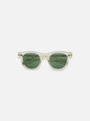 Close-up of A. SOCIETY x Universal Works Honey Stanley Sunglasses. Clear frame, green lenses. Shot on a clean white background.