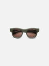 A. SOCIETY x Universal Works Olive Stanley Sunglasses on a white background. The frames are olive green and the lenses are brown.