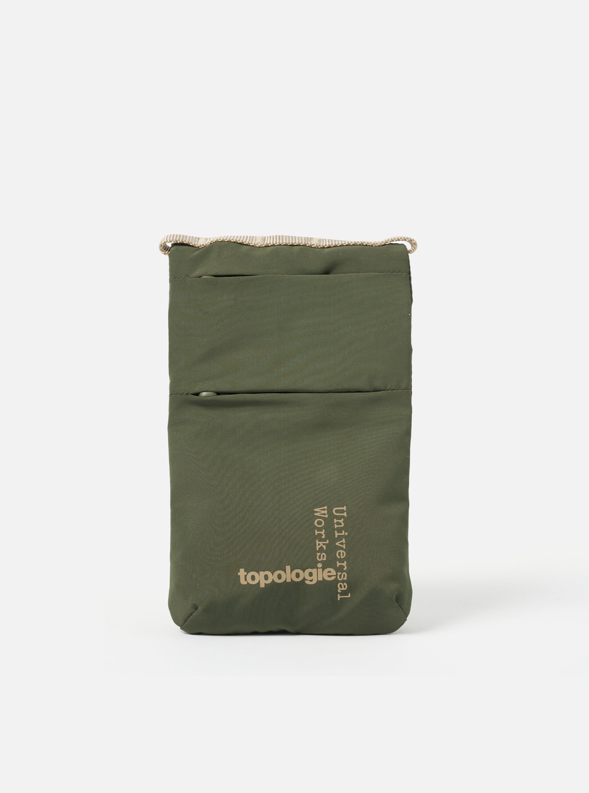 The Topologie x Universal Works Rifle Green UW Tech Phone Sacoche on a white background. The sacoche is rifle green with beige drawstrings and logos.