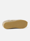 Top-down overhead view of the Walsh x Universal Works Cob in Camel Leather displayed on a clean studio surface, showing the inner lining, printed cushioned insole, and symmetry of the camel leather upper.
