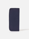 Close-up of the Navy Melton Large Glasses Case on a white surface. The case is made of navy blue melton fabric with a dark trim.
