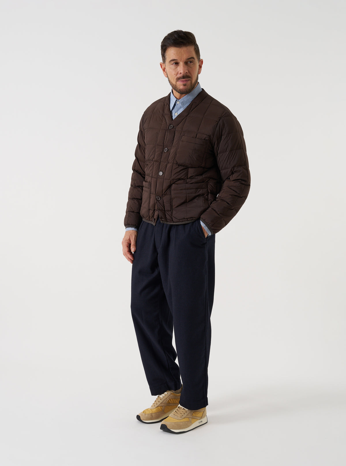 TAION x Universal Works Brown Nylon Soft Shell Down Cardigan