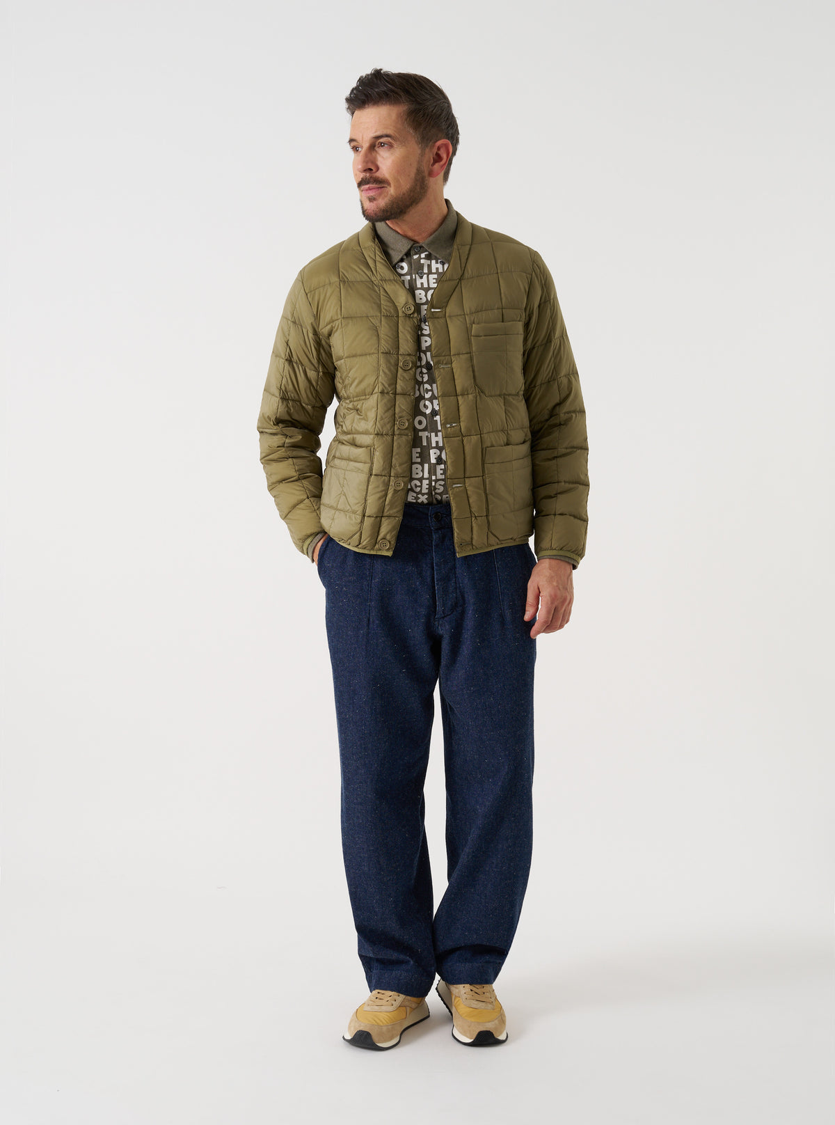 TAION x Universal Works Green Nylon Soft Shell Down Cardigan