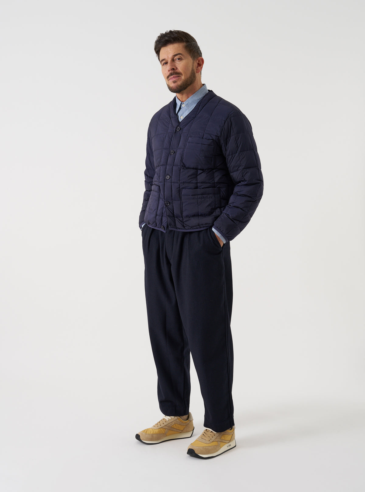 TAION x Universal Works Navy Nylon Soft Shell Down Cardigan