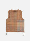Flat lay of the TAION x Universal Works Reversible Black Military Line Vest. The vest is brown plaid with black drawstrings on a white background.