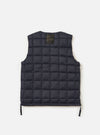 TAION x Universal Works Reversible Dark Navy Military Line Vest on a white background. Close-up shows the quilted texture and reversible design. 