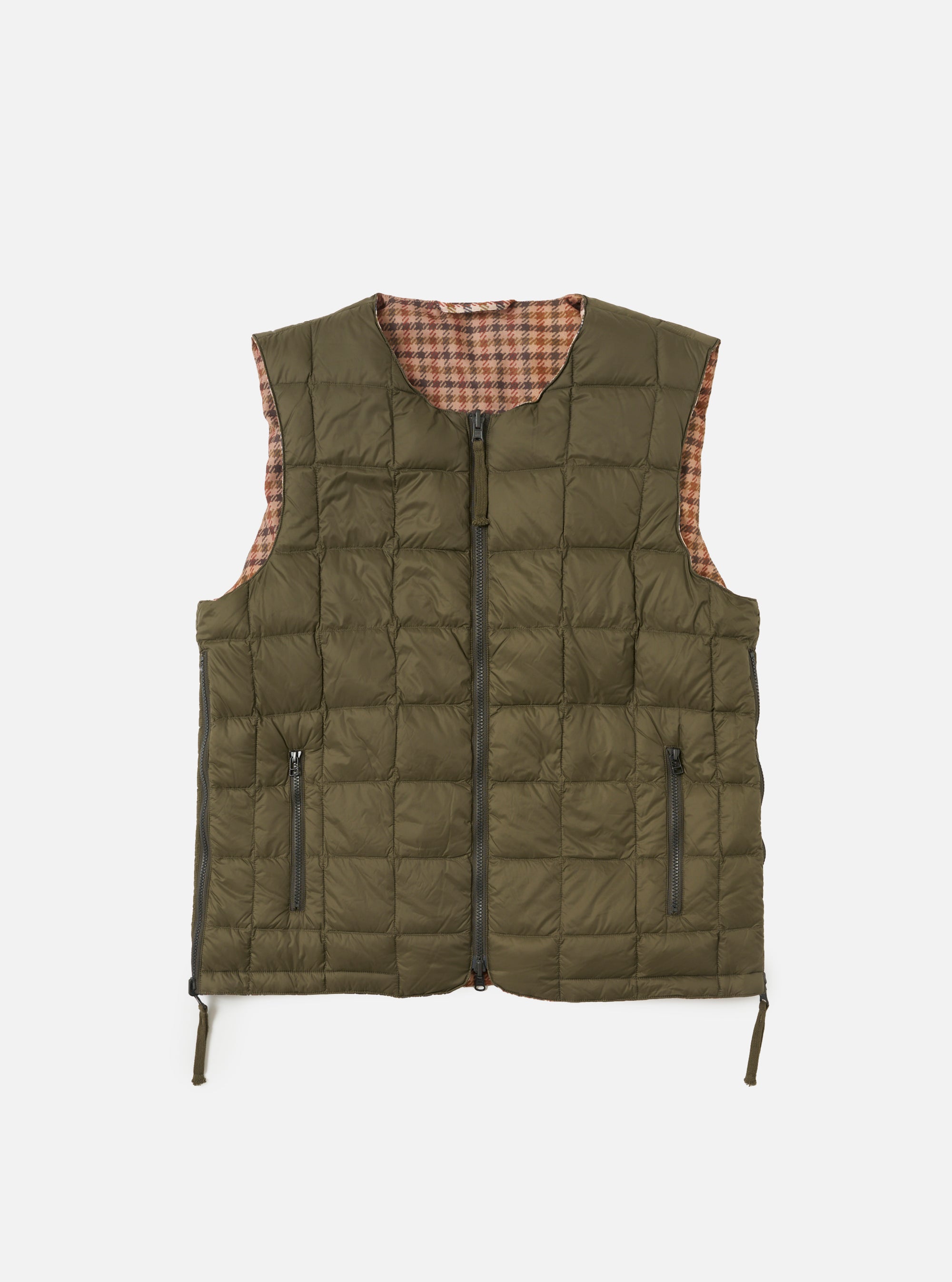 The TAION x Universal Works Reversible Dark Olive Military Line Vest, displayed on a white background. The vest is dark olive with a brown houndstooth pattern visible on the inside.