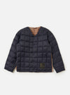 The TAION x Universal Works Reversible Dark Navy Military Line Liner Jacket is laid flat on a white background. It's reversible, with a brown houndstooth pattern visible on the inside.