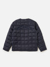 The TAION x Universal Works Reversible Dark Navy Military Line Liner Jacket is displayed on a white background. The quilted jacket has dark navy embroidery on the back.