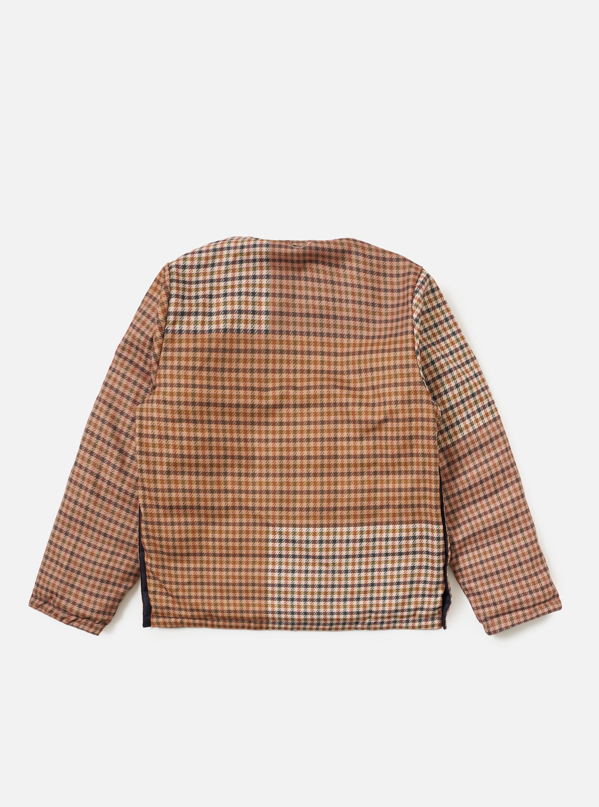 The TAION x Universal Works Reversible Liner Jacket in brown plaid on a white background. The jacket has a military line liner fit and is reversible.