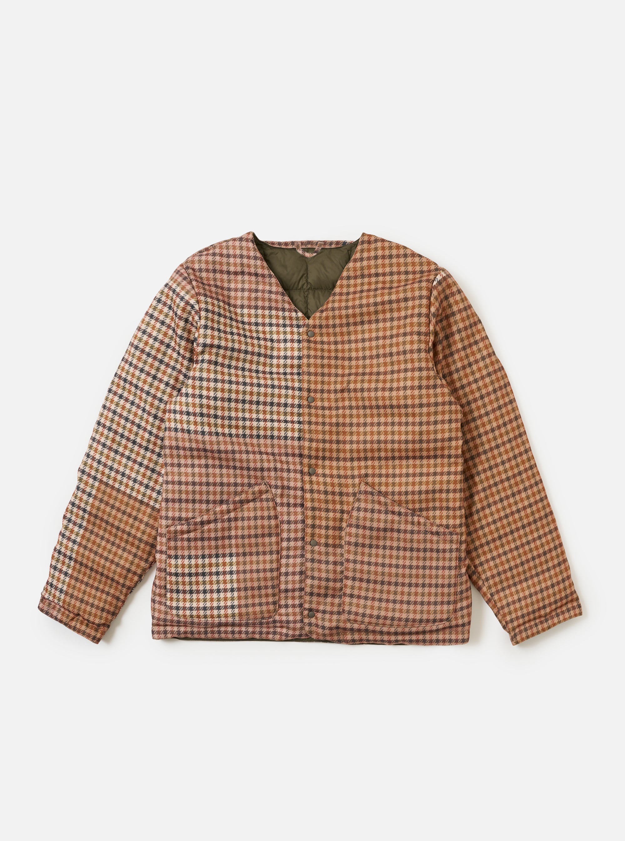 The TAION x Universal Works Reversible Dark Olive Military Line Liner Jacket on a white background. The jacket is brown plaid with an olive green lining.