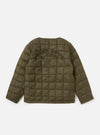 Back view of the TAION x Universal Works Reversible Dark Olive Military Line Liner Jacket on a white background. The jacket is quilted and has 'PEACE LOVE SOUL' embroidered on the back.