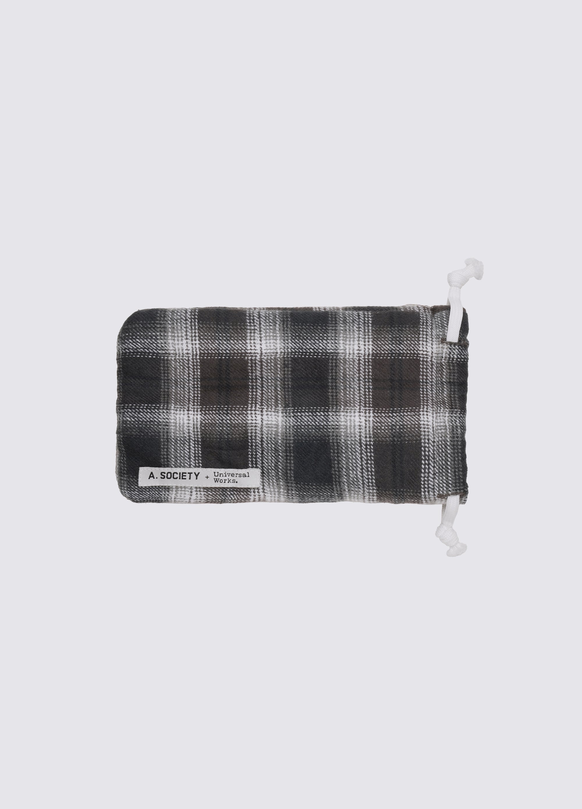 Olive and green plaid pouch for A. SOCIETY x Universal Works Kowloon Eyewear on a white background. Drawstring closure. 
