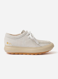 The Wander etc. FD/08 in Papier/Gum Suede/Leather is shown from a side profile as a flat lay against a white background. The shoe features a light cream-colored hairy suede upper, a chunky gum rubber outsole, and thick off-white laces. The low-cut silhouette and textured material are prominent.