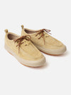 The Wander etc. FD/08 Low in Dune/Gum Hairy Suede is shown from a rear three-quarter angle against a plain white background. The image highlights the hairy suede texture of the dune-colored upper, the chunky gum rubber outsole, and the branding on the heel. Slimmer laces and the low-cut silhouette are also visible.