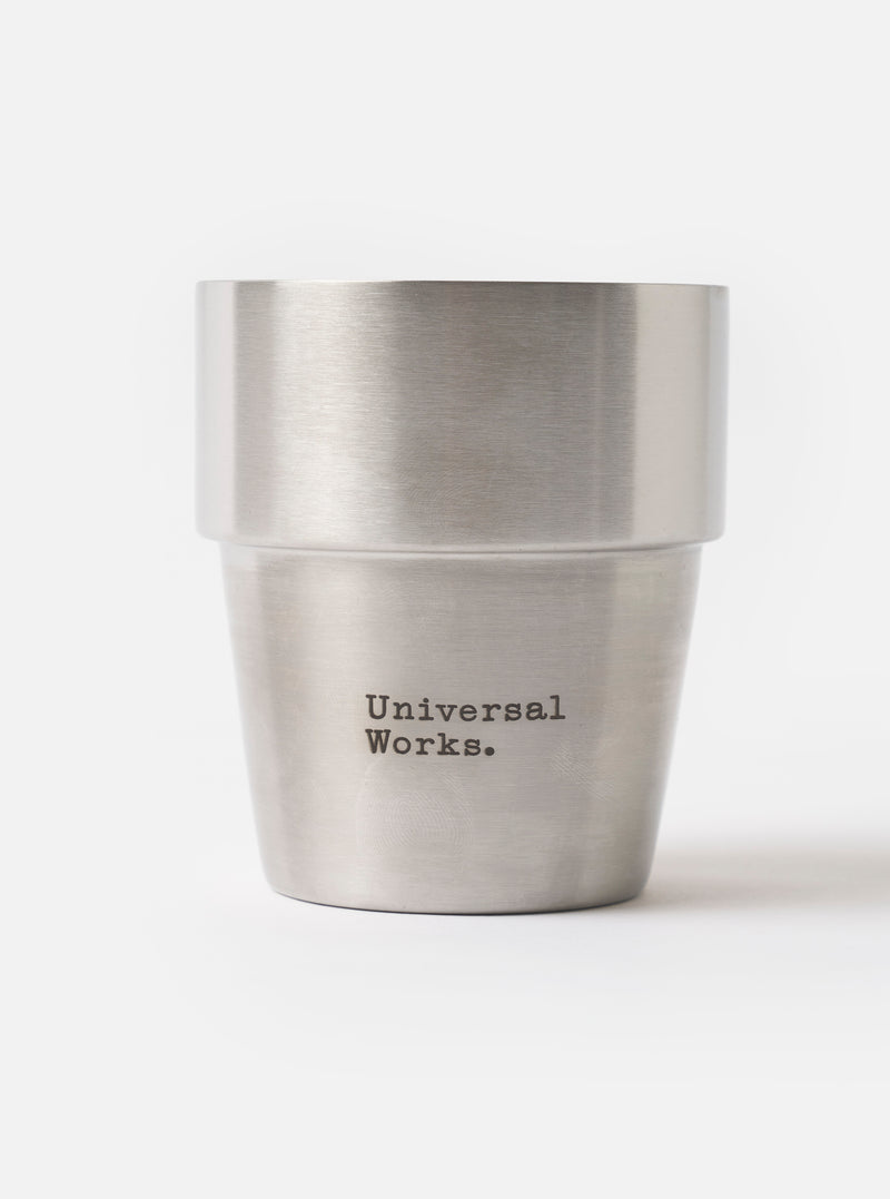 Studio shot of the Chilly's x Universal Works Set of 4 300ml Stackable Cups neatly stacked together on a plain white background, showcasing their double-walled stainless steel construction.