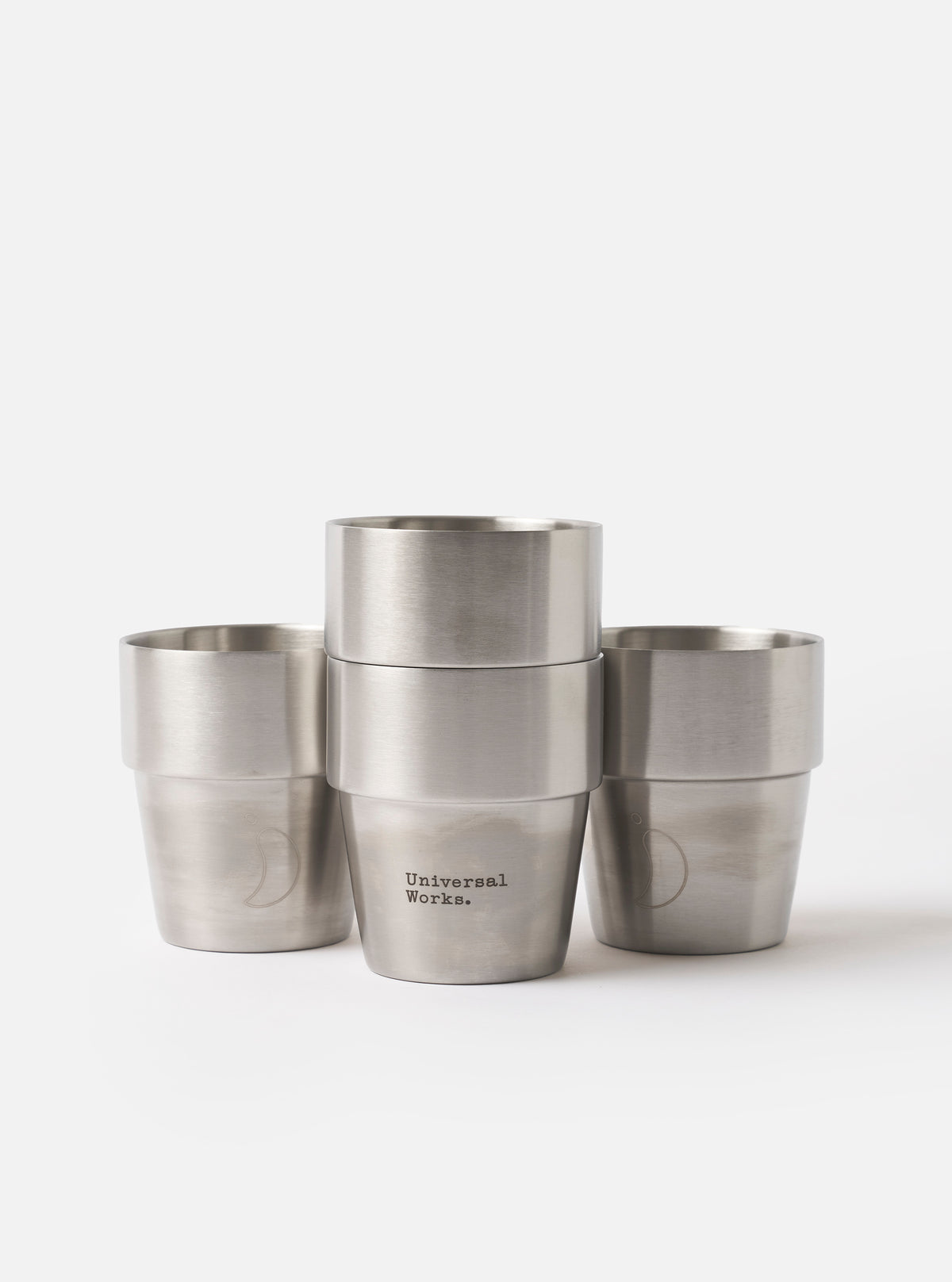 Overhead view of the Chilly's x Universal Works Set of 4 300ml Stackable Cups displayed on a plain white background, highlighting the open cup rims and internal double-walled structure.