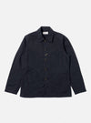 The Navy Linen Slub Weave Bakers Jacket, in navy linen, is laid flat on a white background. The jacket has a button-up front and four pockets.