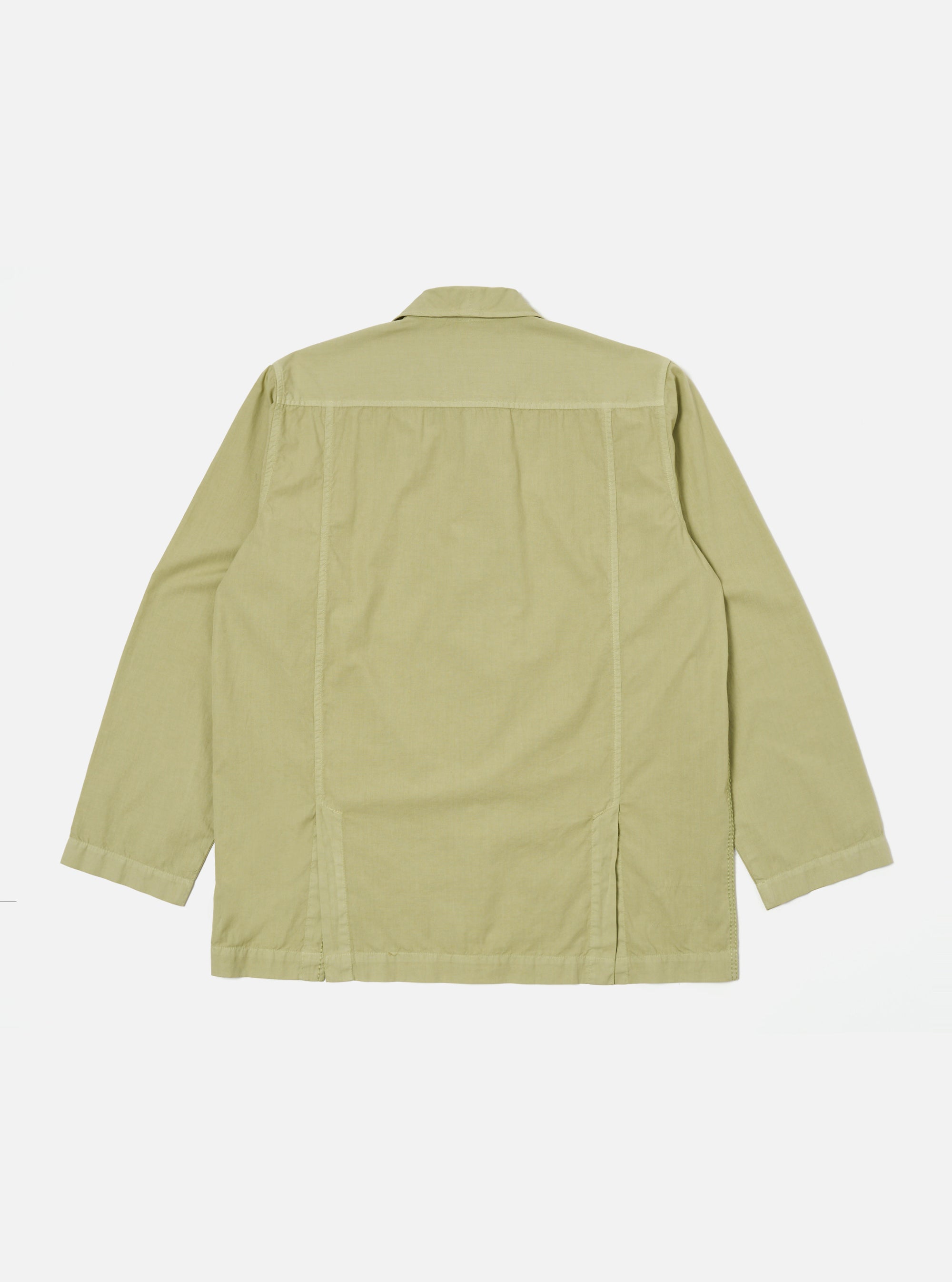 Back view of the Pale Green Broadcloth Cancun Jacket on a white background. The jacket is made of broadcloth and has a relaxed fit.